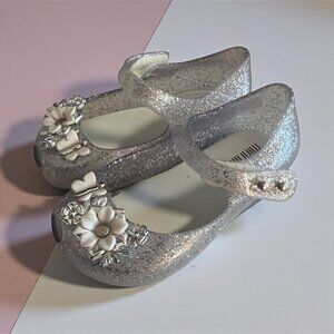 MINI MELISSA Toddler Silver Glitter Floral Mary Janes Size 6